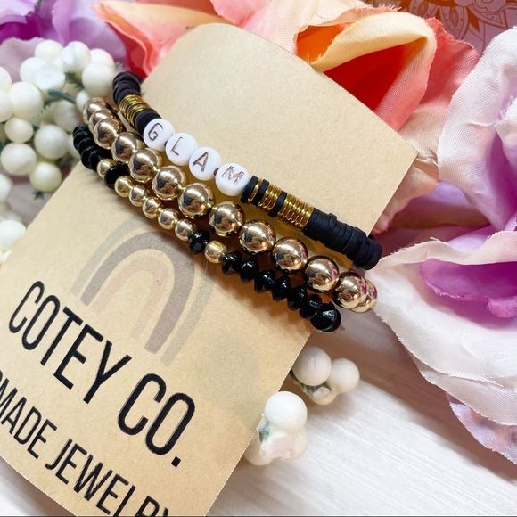 3 for $10 🛍️ Cotey Co. Handmade Stackable Bead Bracelets - Gold B&W “Glam” - Picture 3 of 4